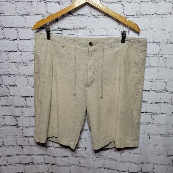 Perry Ellis Other - Perry Ellis Men's Linen Blend Flat Front Beige Drawstring Shorts Size 36